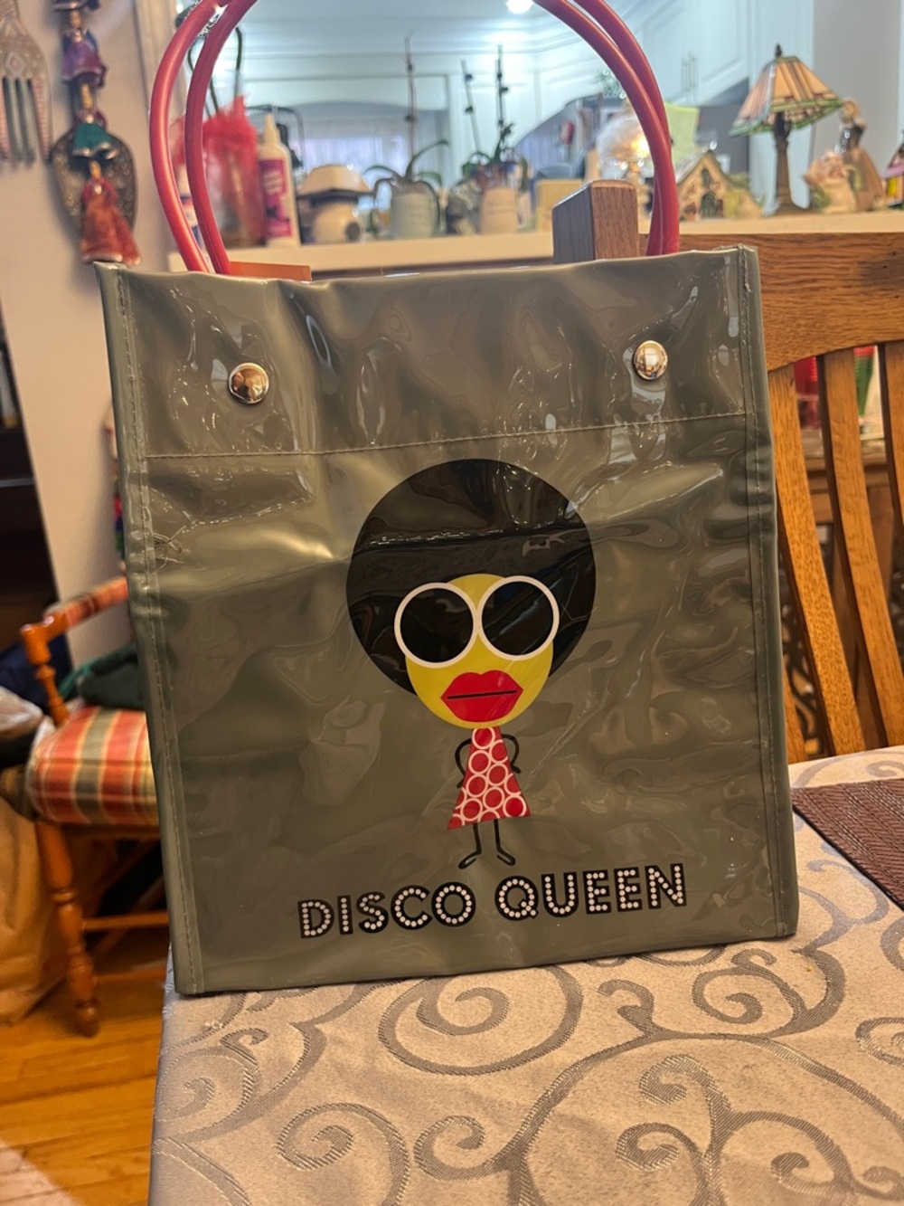 Disco Queen Vinyl Tote Bag - Olive Green with Red Handles